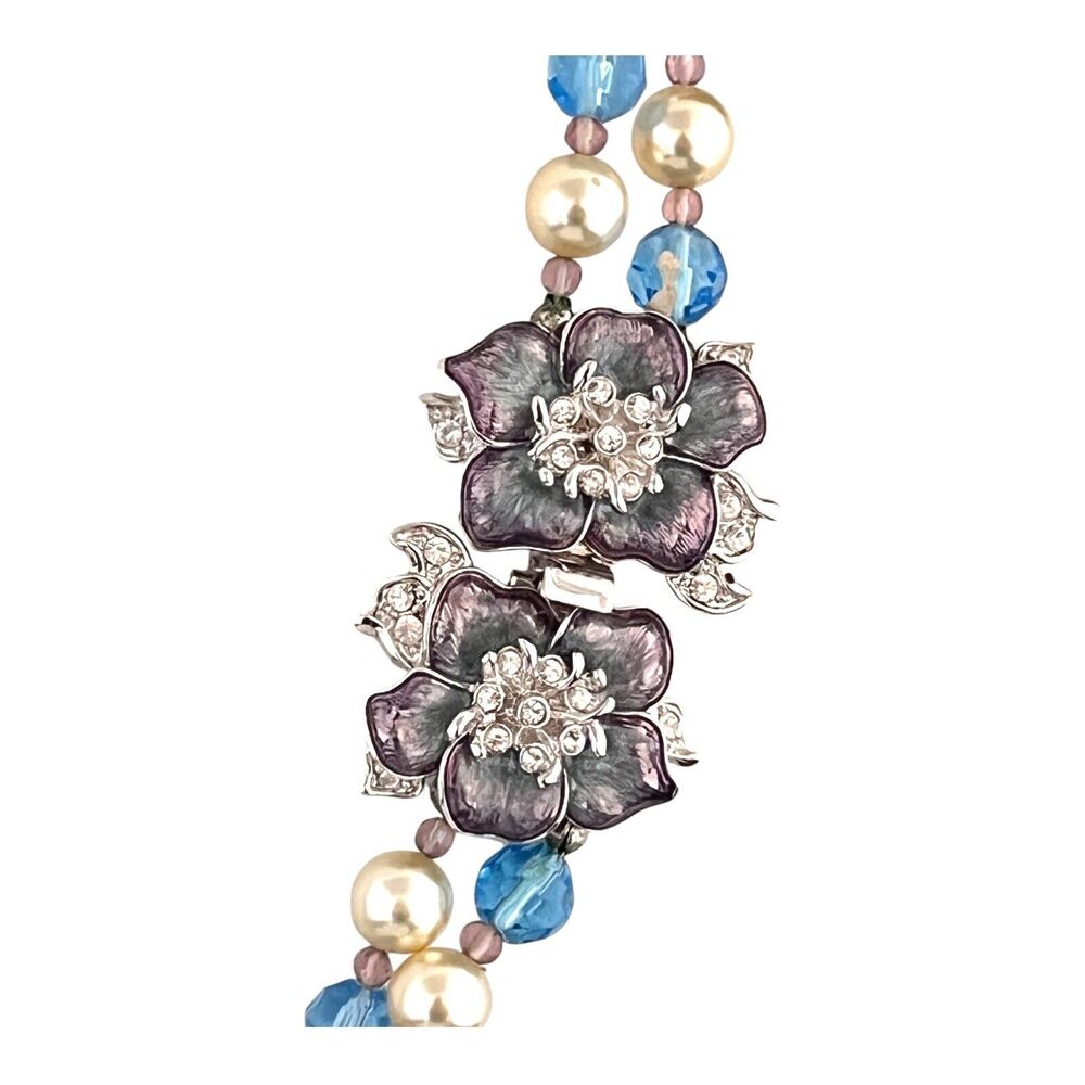 New Nolan Miller Beaded Necklace Crystal & Enamel Flower Clasp Pearls - 7E